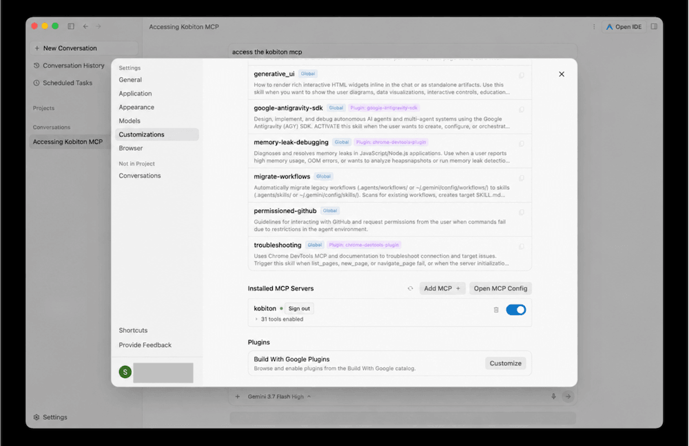 Kobiton MCP server row on the Customizations page