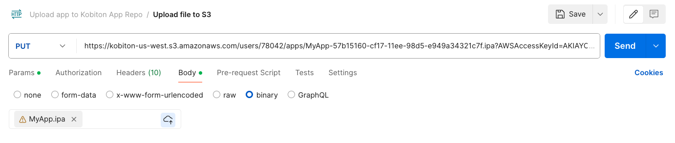 Select binary file to upload in the request body