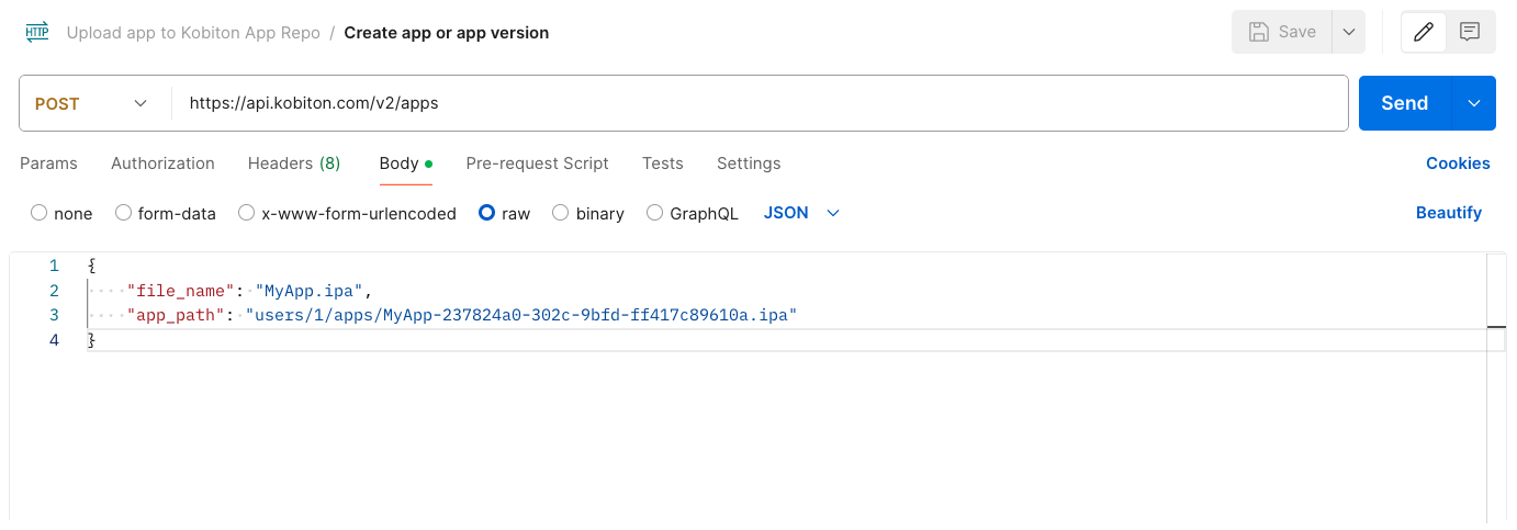 Request body of the create app or app version api