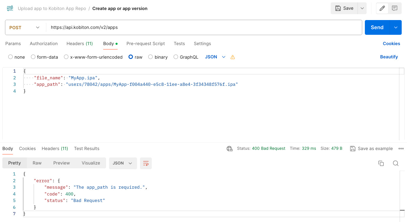 Error 400 from sending create app or app version request