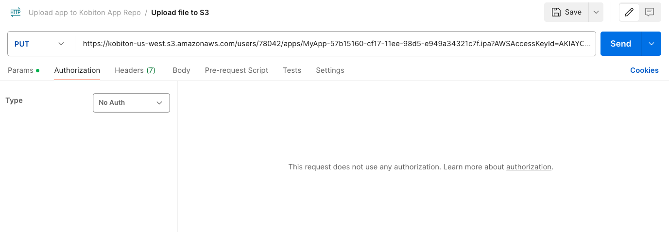 Set authorization type as No Auth