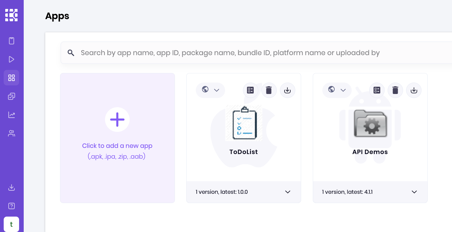 Select the plus icon to upload an app