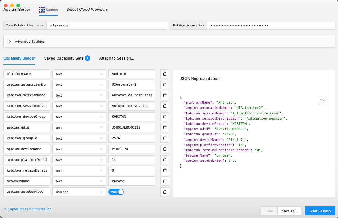 The Capability Builder tab in Appium Inspector showing Kobiton capabilities and their JSON representation