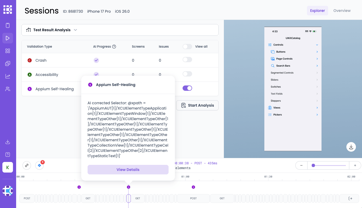 Pointer hovering over an Appium Self-Healing issue to show a details preview