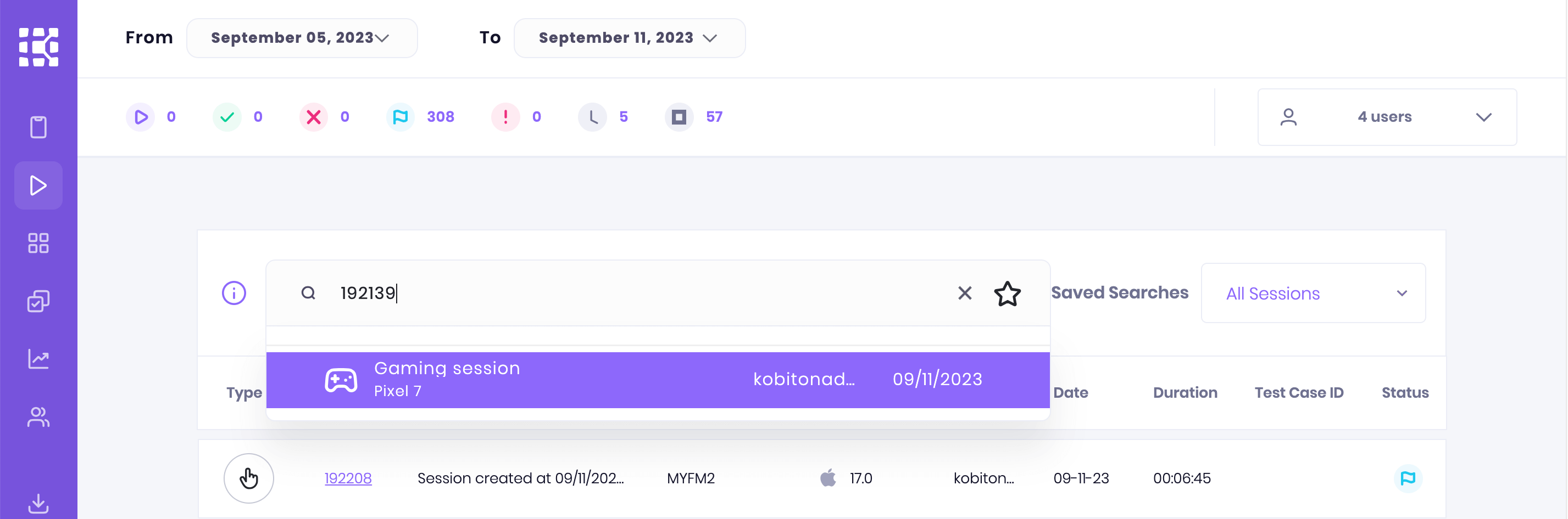 Provide the Gaming session ID in the search box of the Session list