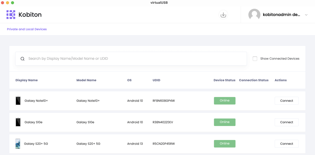 A device list assigned to your team