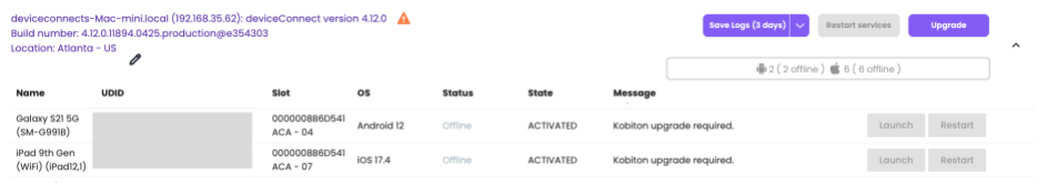 The Upgrade button next to the hosting machine name in Device Management