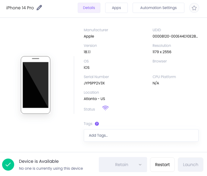 The disabled Launch and Retain button in Device Details
