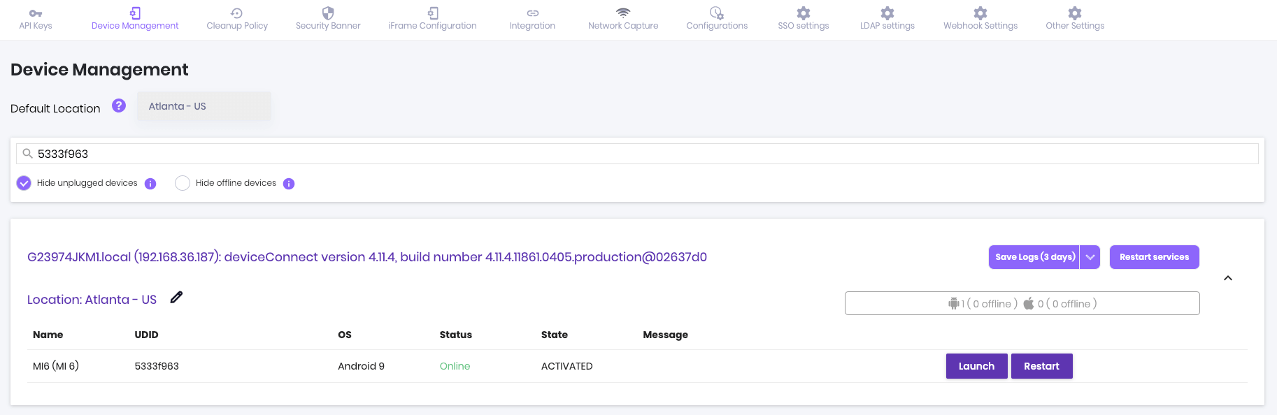 Device state is Online and the Launch button is now available