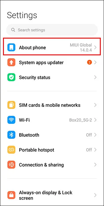 Going to About Phone in Settings