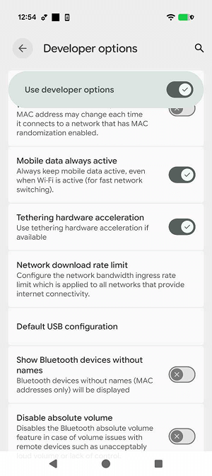The Default USB configuration menu under Developer options