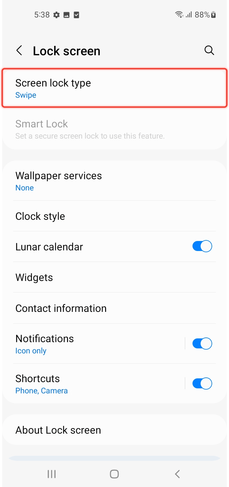 Inside Lock Screen, going to Screen lock type