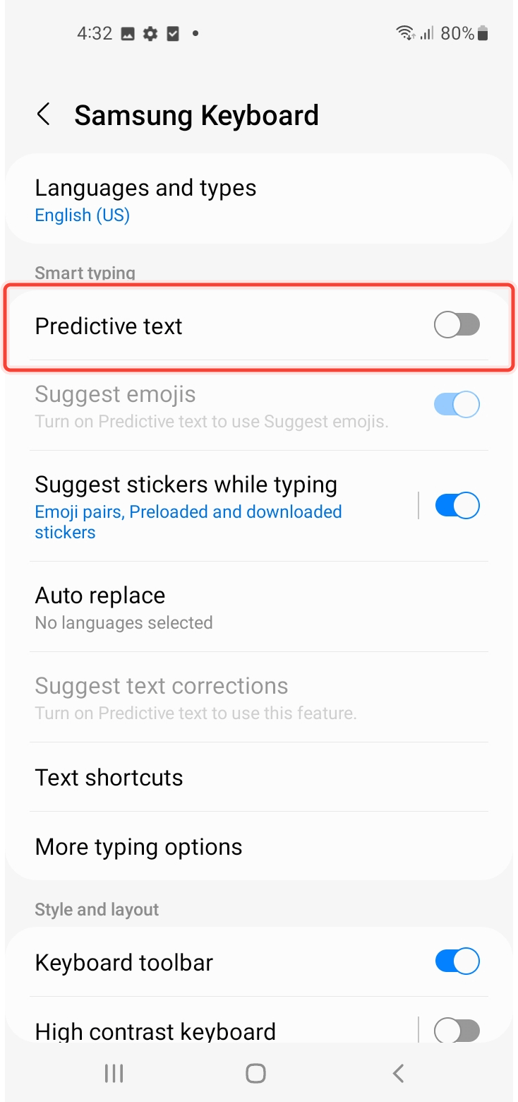 Inside Samsumg Keyboard settigs disabling Predictive text
