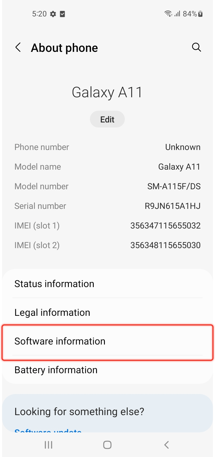Software Information section inside About Phone