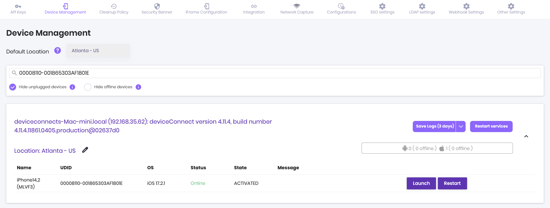 Kobiton portal, Launching device from Device Management
