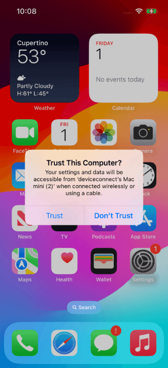 Standard Mode. Trust This Computer popup, clicking Trust