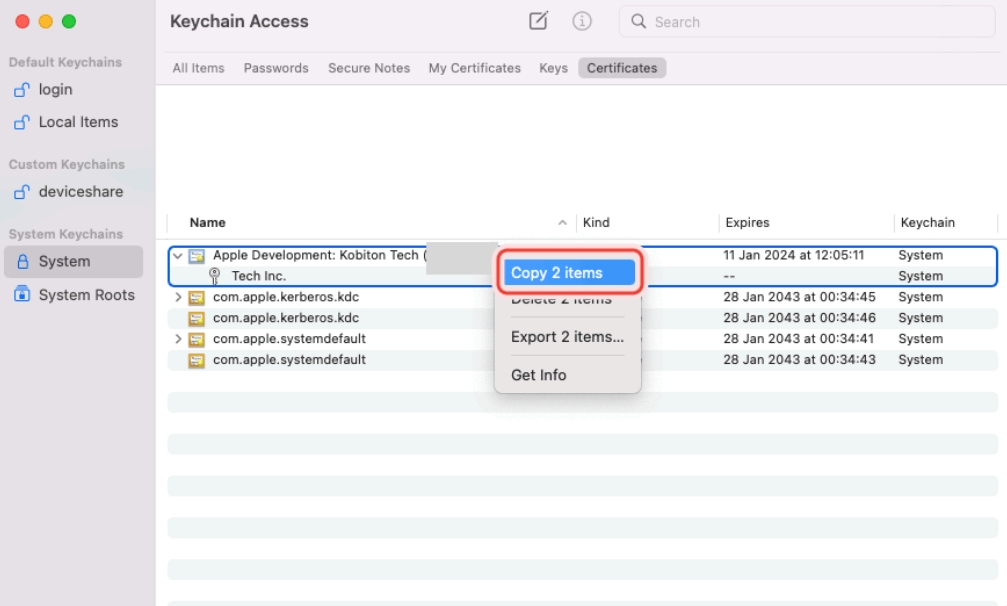 Copying the keys from Apple Development certificates