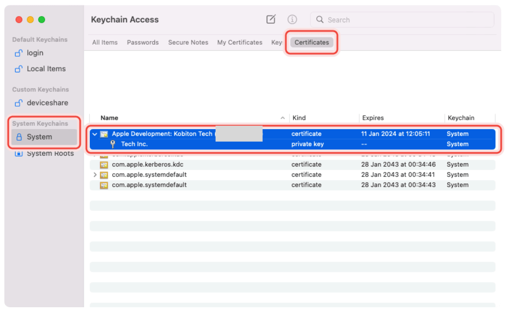 Private key inside the Apple Development certificates