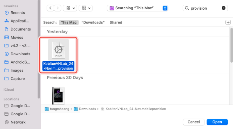 Choosing and uploading provisioning profile