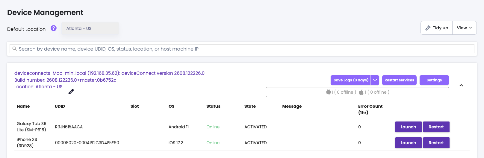The Device Management page with one host machine and its devices