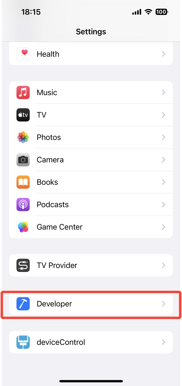 The Developer option under Settings