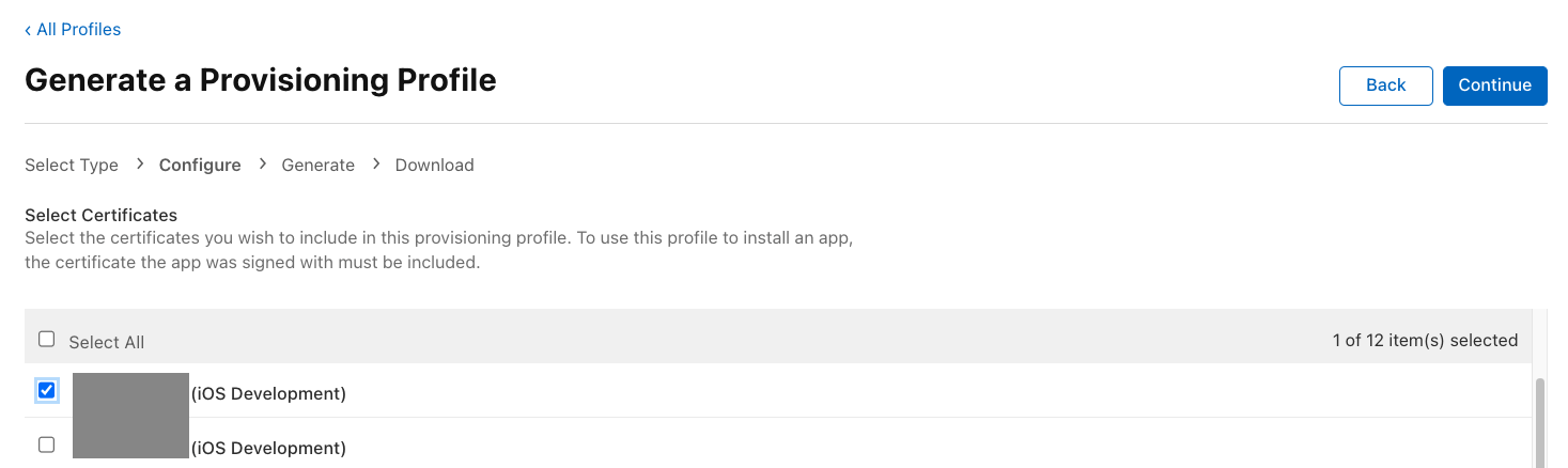 The certificate selection dropdown when generating a profile
