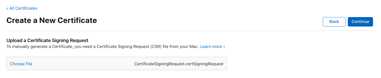 Select <strong>Choose File</strong>, choose the <code>.certSigningRequest</code> file, then select <strong>Continue</strong>