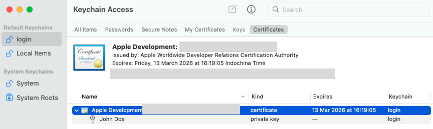 The expanded certificate with the private key vivisble after being imported into the login keychain