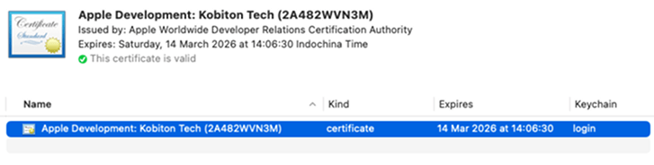 The expanded certificate without the private key after being imported into the login keychain
