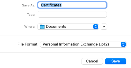 Choose the <strong>Personal Information Exchange (.p12)</strong> file format, then select <strong>Save</strong>