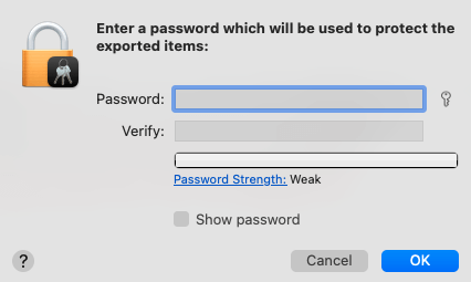 Enter a password to protect the certificate, or leave the fields blank and select <strong>OK</strong>