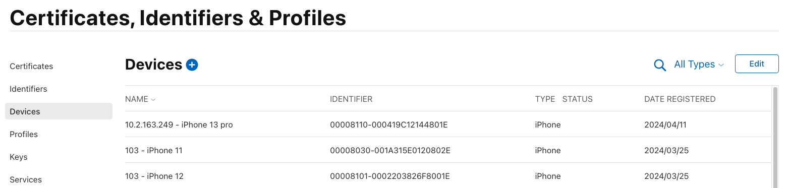 The plus icon to register new device