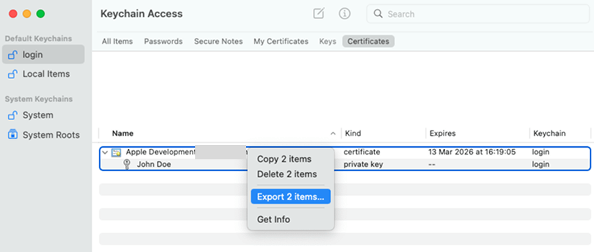 Right-click your <code>.cert</code> file, then select Export 2 items