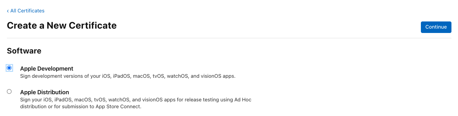 Choose <strong>Apple Development</strong>, then select <strong>Continue</strong>