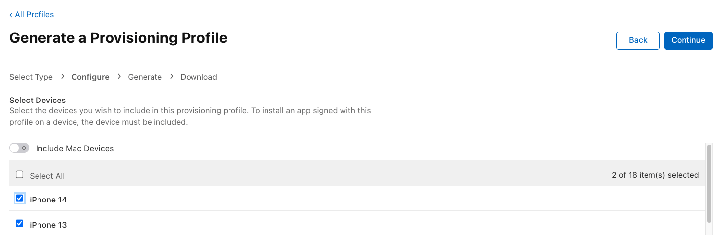 The device selection dropdown when generating a profile