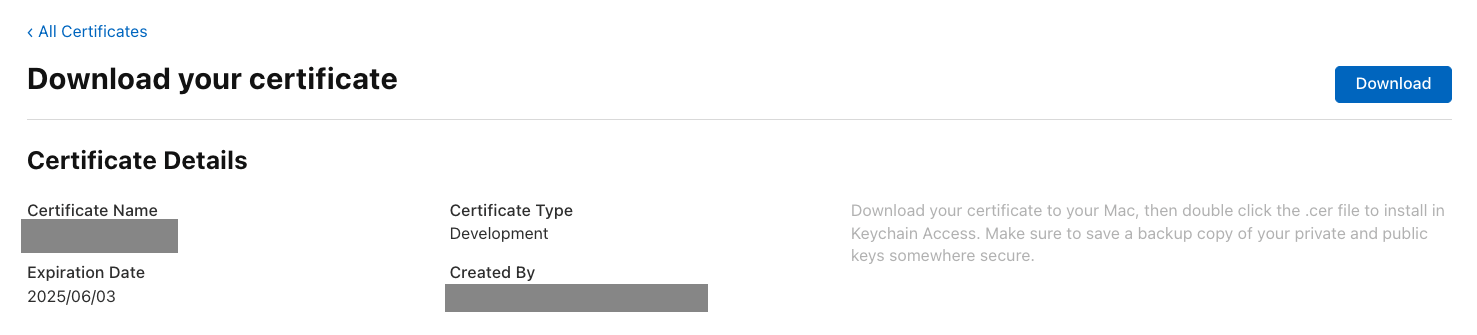 Select <strong>Download</strong> to download your <code>.cert</code> file