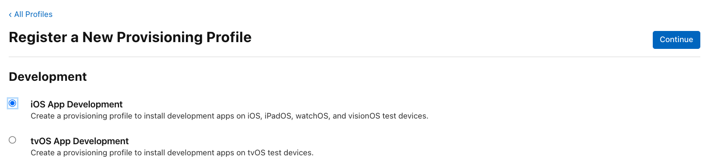 The iOS App Development option under Development