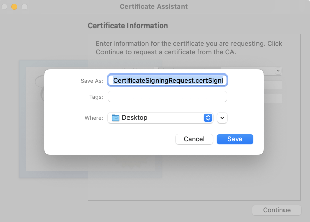 Select <strong>Save</strong> to download your <code>.certSigningRequest</code> file.