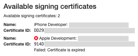 The list of signing certificates with error message for invalid certificate