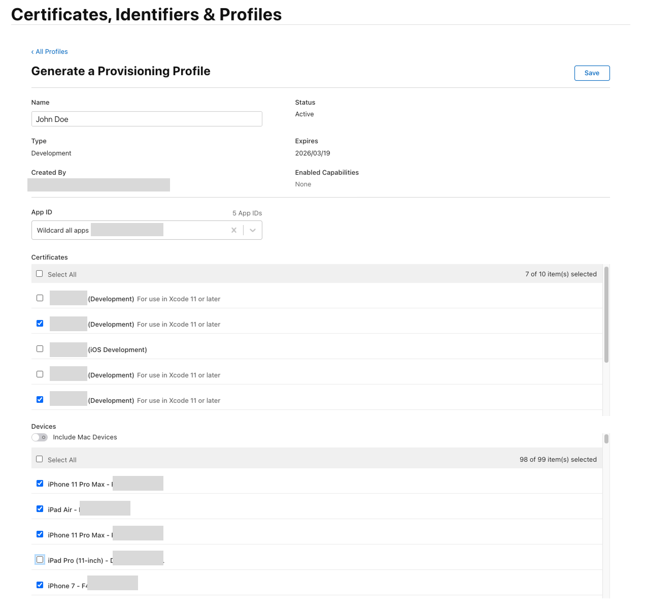 The Generate a Provisioning Profile page with all the information of the current profile
