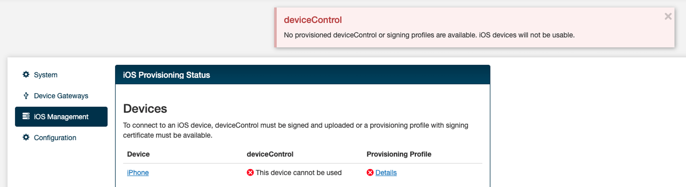 The warning message when there is no certificate and/or provisioning profile