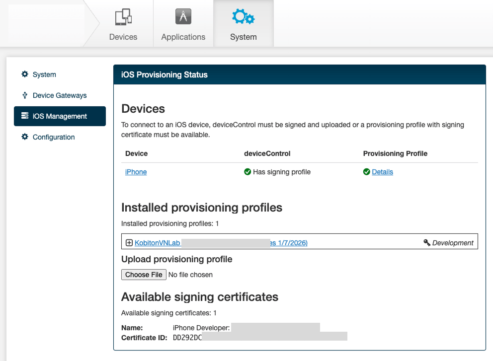 The iOS Provisioning Status page that can be accessed by selecting Settings then iOS Management