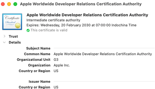 The Apple Worldwide Developer Relation certificate details with the Organizational Unit’s value of G3
