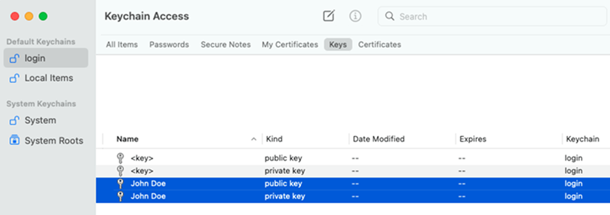 The public and private key pair under the Keys tab in the login keychain