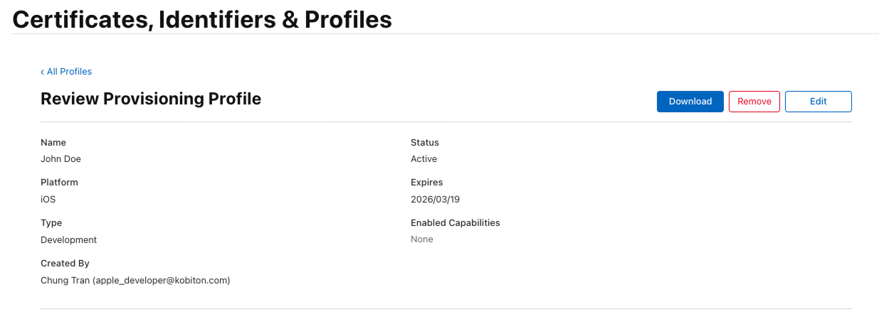 The Review Provisioning Profile page with the Edit button visible