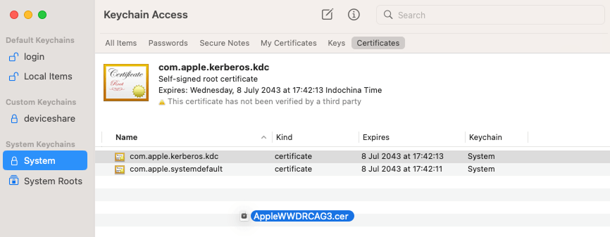 The Apple Worldwide Developer certificate file dropped into the System keychain in Keychain Access