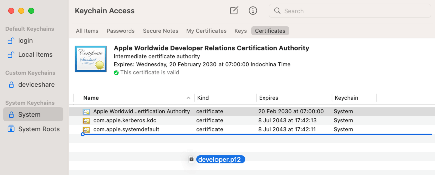 The signing certificate file dropped into the System keychain