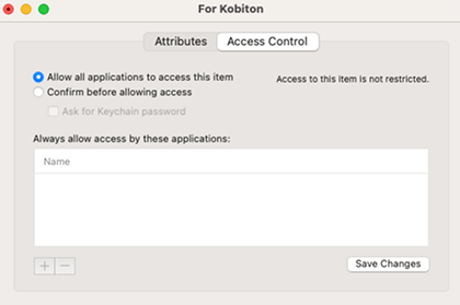 "The Access Control tab with Allow all applications to access this item option selected