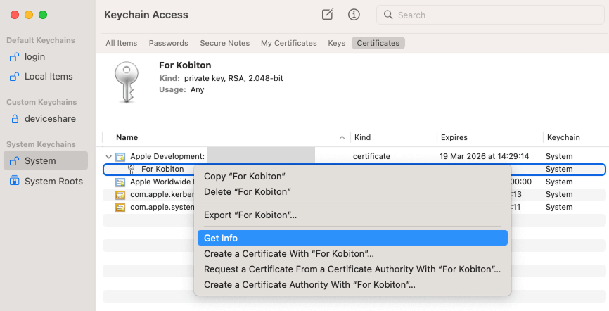 "The Get info option when right-clicking the private key of the singing certificate