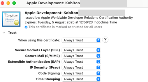 The certificate details screen with the Trust section expanded and all options set to Always Trust